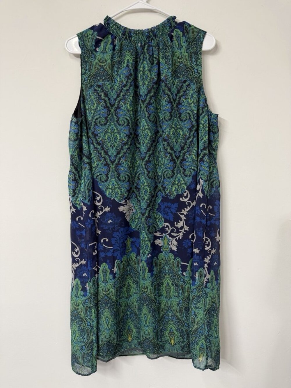 Sleeveless XL Green Paisley Chiffon Shift Dress High Button Neck Floral‎ Sheer